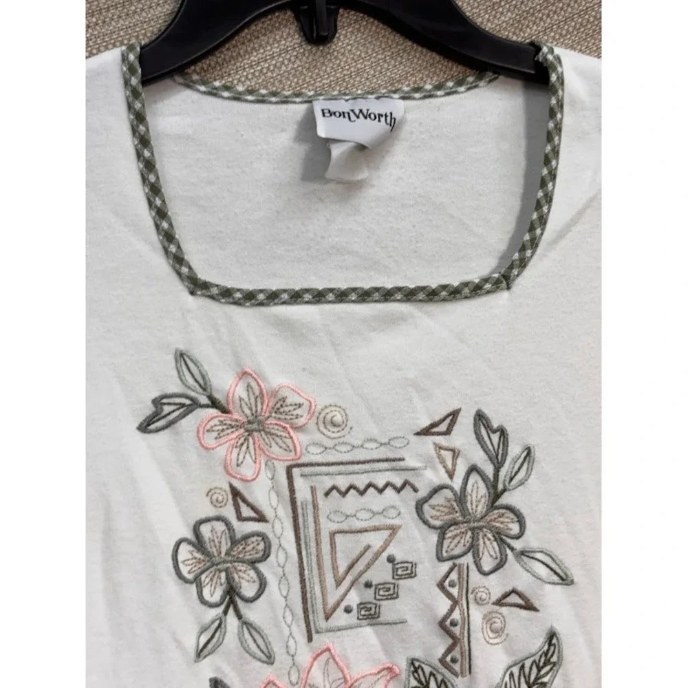BonWorth 3 Piece Set Sage Green Gingham Embroidered Shirt Pants Top XL